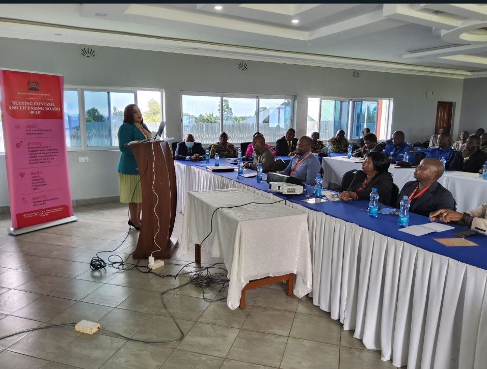 Dr. Rev JANE MWIKALI MAKAU - Chairperson BCLB addressing Security officers in Machakos County during a sensitization forum on responsible gaming conducted by the Board.