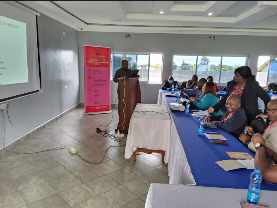 PETER K. MBUGI  -  C.E.O BCLB   addressing Security officers in Machakos County during a sensitization forum on responsible gaming conducted by the Board